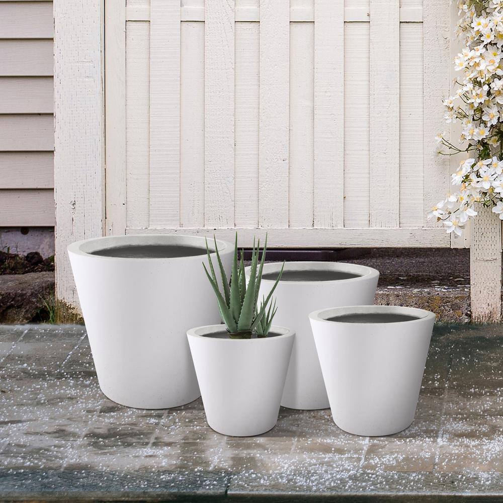 Set of 4 Pure White Lightweight Concrete Cylindrical Planters