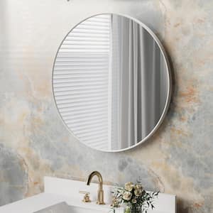 BELLA 32 in. W x 32 in. H Round Aluminum Framed Wall-Mounted Bathroom Vanity Mirror in White