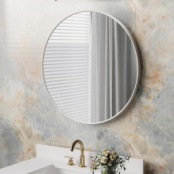 WELLFOR BELLA 32 in. W x 32 in. H Round Aluminum Framed Wall-Mounted Bathroom Vanity Mirror in White