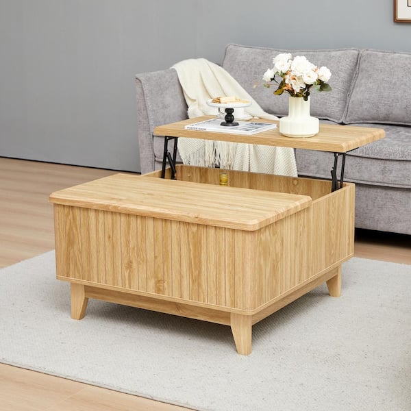 ATHMILE 31.49 in. Natural Square Wood Coffee Table With Storage & Lift top