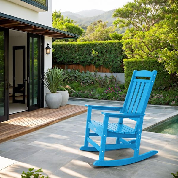 TenKa Blue HDPE Plastic Patio Outdoor Rocking Chair All Weather Resistant Porch Rocker for Lawn Garden(1 Pack)