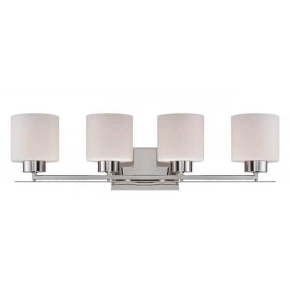 SATCO Parallel 29 in. 4-Light Polished Nickel Vanity Light with Etched Opal Glass Shade