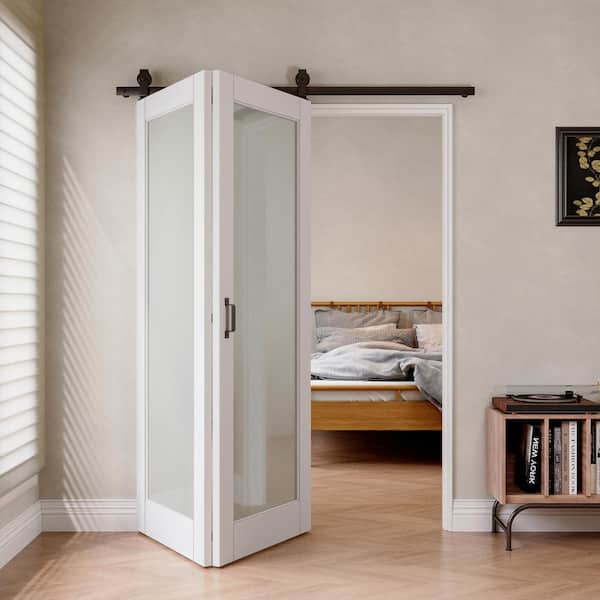 60 in. x 80 in. 1 Lite Tempered Frosted Glass White Primed MDF Bifold Sliding Barn Door with Hardware Kit