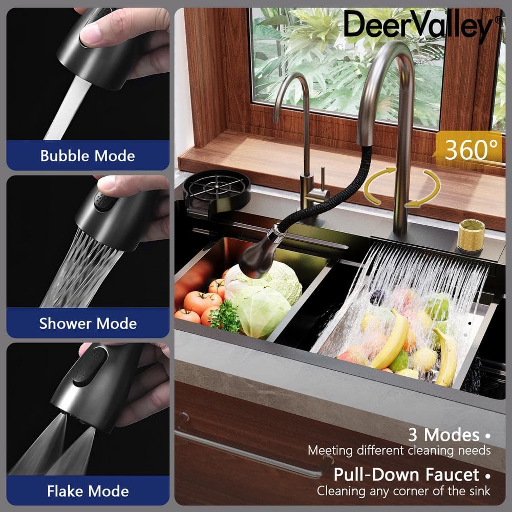 32" Black Stainless Steel Drop-In Single Bowl Kitchen Sink Workstation
