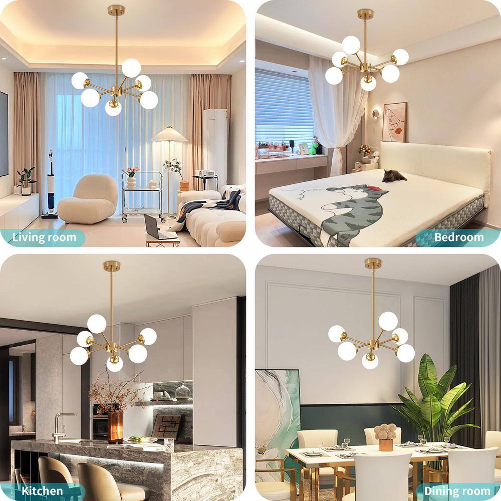 Adjustable Brass Sputnik Chandelier with Milk Glass Shades
