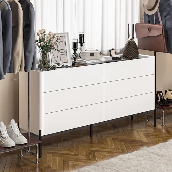 FUFU&GAGA White Wood 6-Drawer, 63 in. W Wood Chest of Drawers Vanity, Console Table With Glass Top