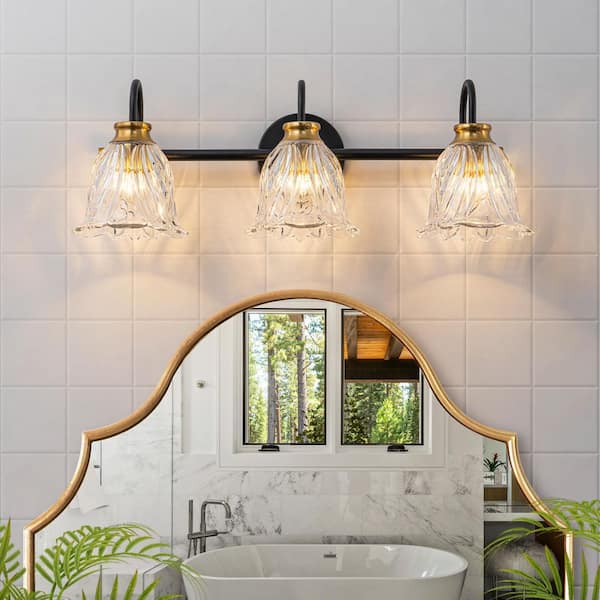 Clarion 23.23 in. 3-Light Black and Brass Vintage Bathroom Vanity Light with Clear Floral Glass Wall Sconce over Mirror