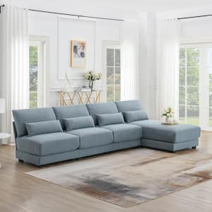 120 in. Armless 5 Seat L-Shape Loop Yarn Fabric Sectional Sofa in. Blue with Reversible Chaise, 4 Pillows
