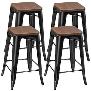 Counter Height Black Backless Barstool 26 in. Metal Stackable Stool with Wood Seat (Set of 4)