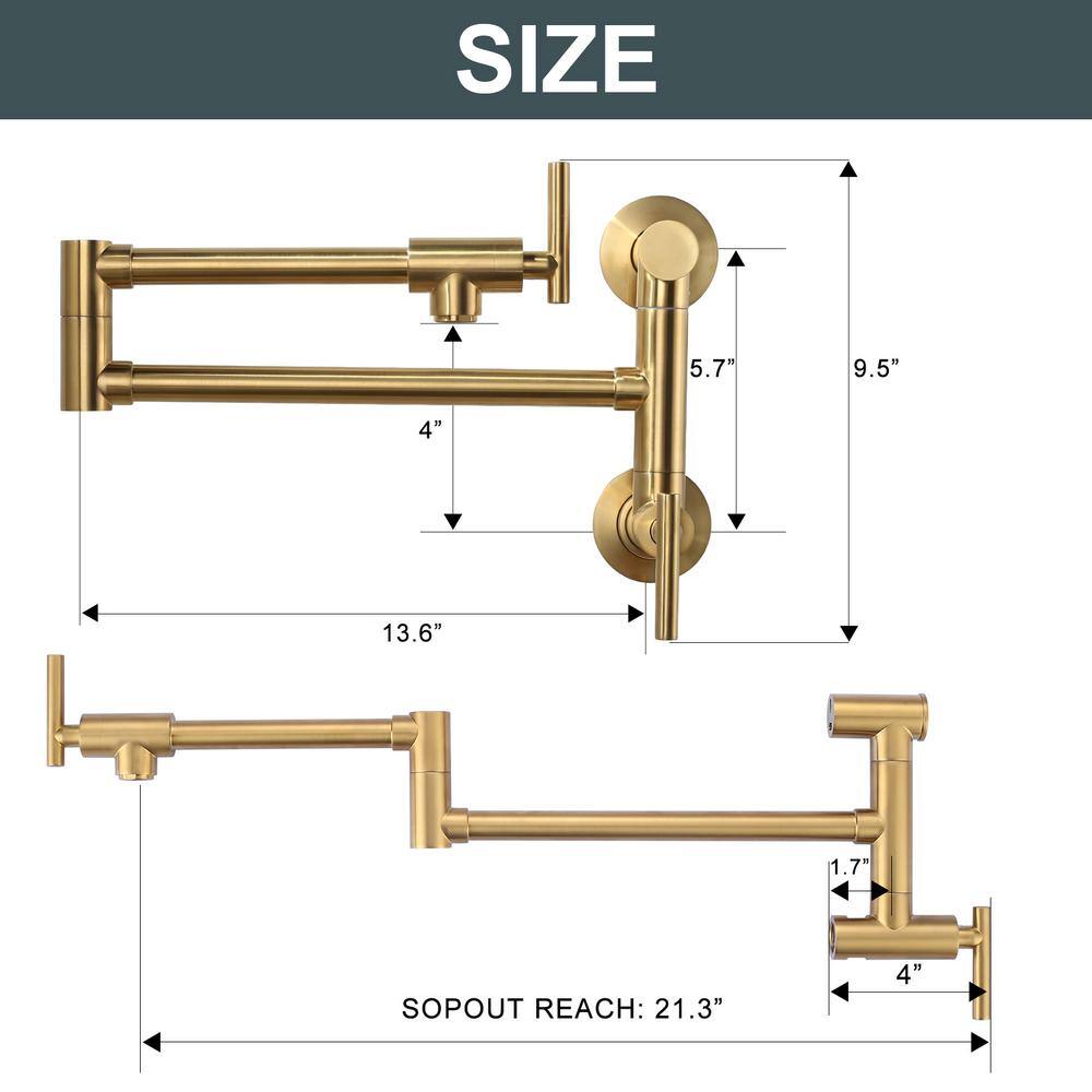 Brushed Gold Brass Wall Mounted Double Handle Pot Filler Faucet