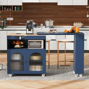 Navy Blue Rubberwood Kitchen Cart with Extended Table, 2-Fluted Glass Doors, LED Light and Power Outlet