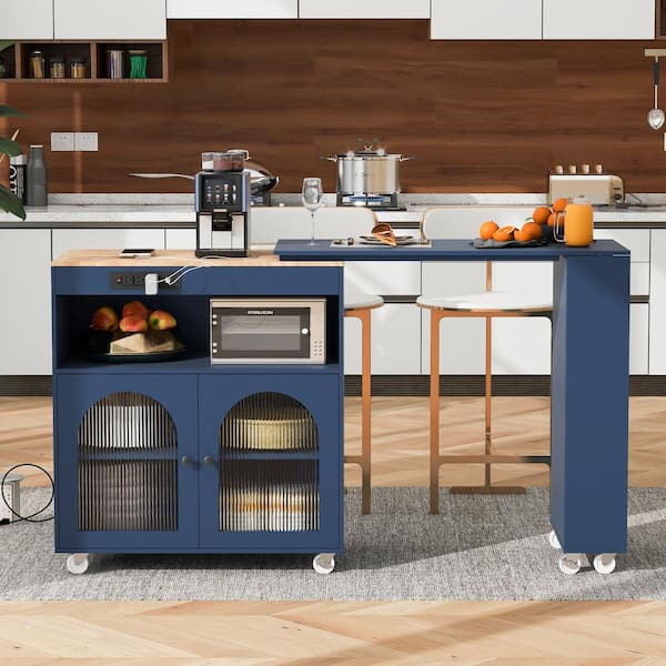Staykiwi Navy Blue Rubberwood Kitchen Cart with Extended Table, 2-Fluted Glass Doors, LED Light and Power Outlet