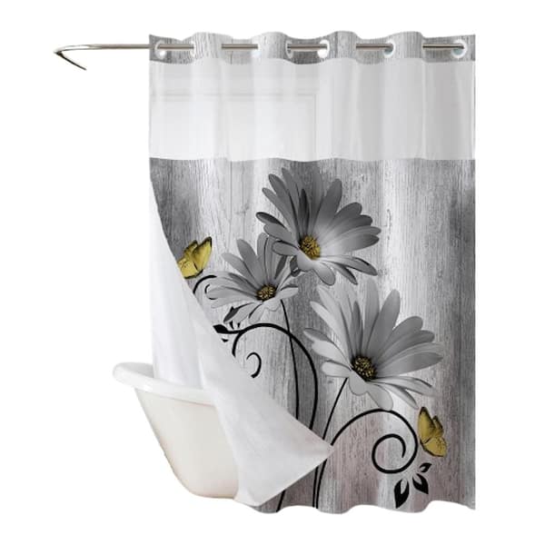 72W x 75L Inch No Hook Shower Curtain for Bathroom with Snap in Liner,Grey