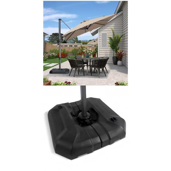 8 ft. Square Taupe Cantilever Umbrella with 360° Rotation and Black Water/Sand Filled Base Combo