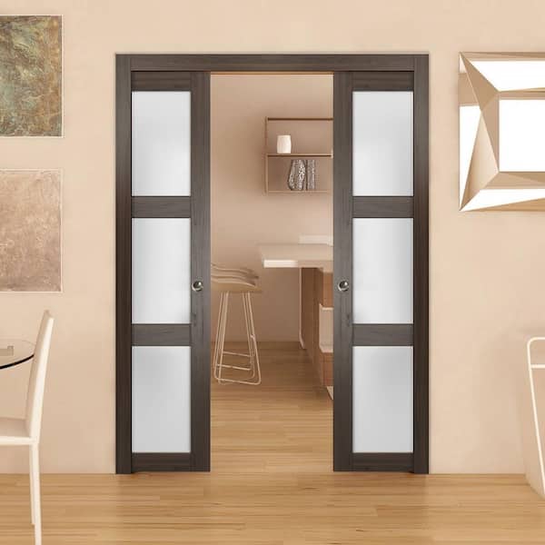 56 in. x 96 in. 3 Panel Brown Finished Wood Sliding Door with Double Pocket Hardware