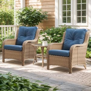 Patio Yellow Wicker Outdoor Lounge Chair with Blue Cushions and Curved Armrest (2-Pack)