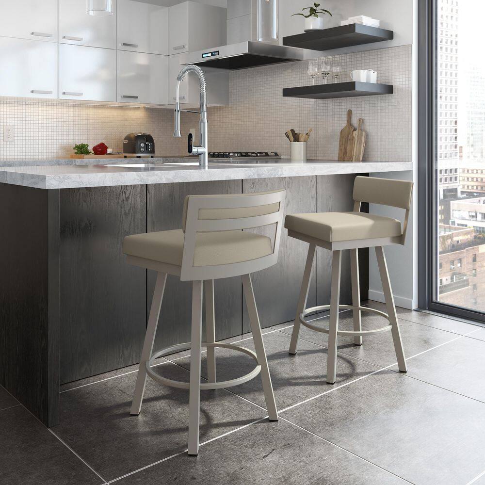 Greige Faux Leather 34'' Swivel Counter Stool with Grey Metal Frame