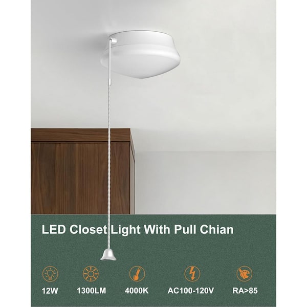 7 in. Standard Integrated LED Ceiling Light with Pull Chain 12W 4000K 1300 Lm Flush Mount Lighting for Closets (2-Pack)