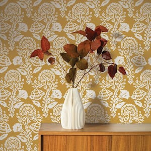 Floral Damask Ochre Removable Peel and Stick Vinyl Wallpaper, 28 sq. ft.