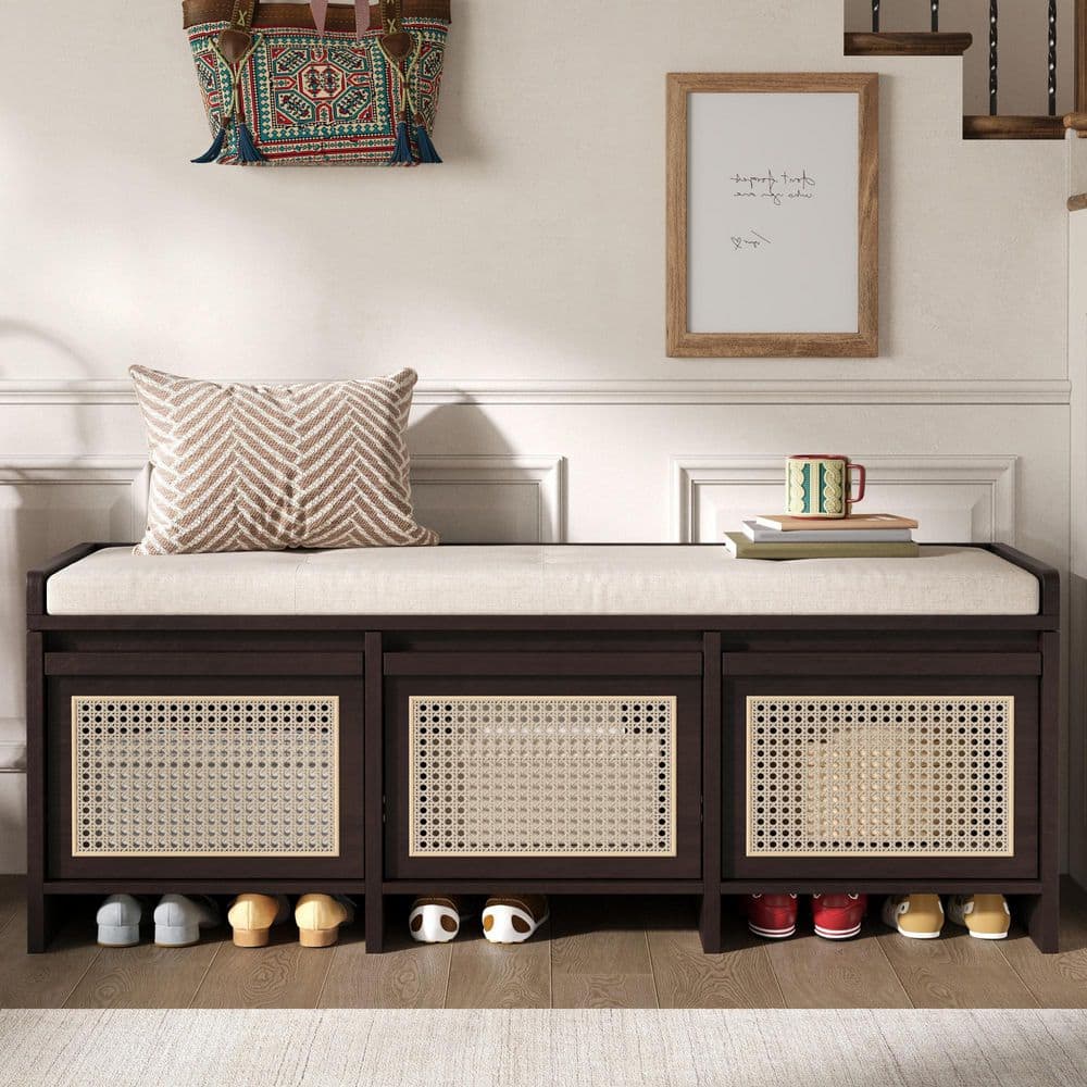 Xoryn Espresso Finish 48 in. Storage Bedroom Bench With Rattan Drawers plus Removable Button‑Tufted Upholstered Cushion