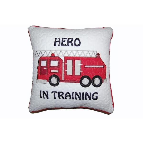 Cozy Line Home Fashions Patriotic Hero in Training Firetruck Red White EmbroideredCottonSquare 16 in. x 16 in. x 3 in.DecorThrowPillow(Set of 1)