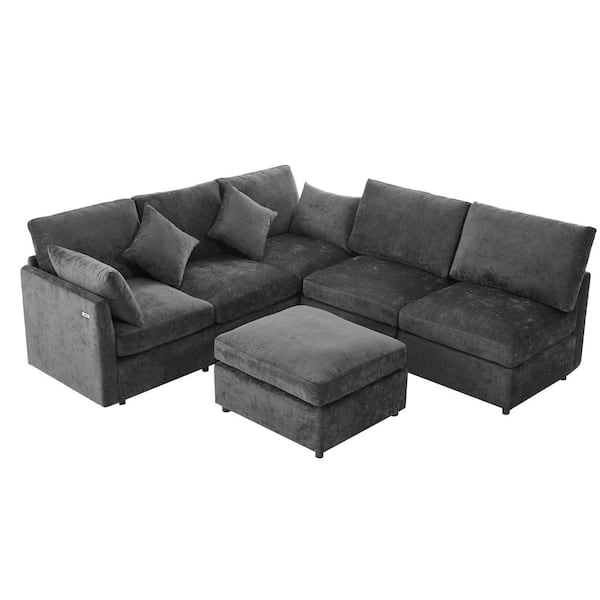 85.4 in. Chenille Sectional Sofa in Black with Movable Ottoman and 2 USB Ports