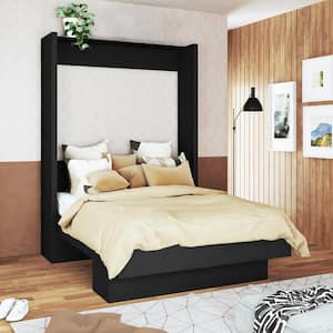 Easy-Lift Black Wood Frame Queen Murphy Bed with Shelf