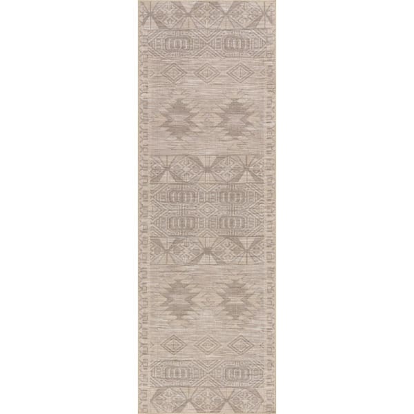Riya Geometric Machine Washable 2 ft. 8 in. x 8 ft. Beige Runner Rug