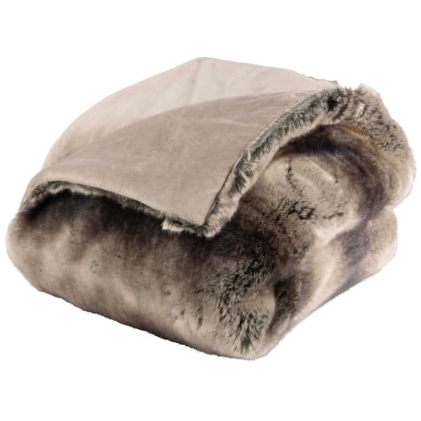 60 in. x 70 in. Gray/Brown Fabric Faux Fur Throw Blanket