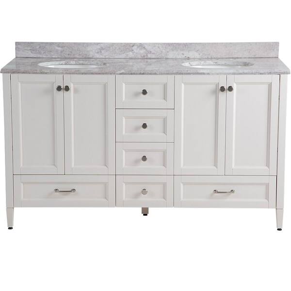 Home Decorators Collection Claxby 61 in. W x 22 in. D Bathroom Vanity in Cream with Stone Effects Vanity Top in Winter Mist with White Sink