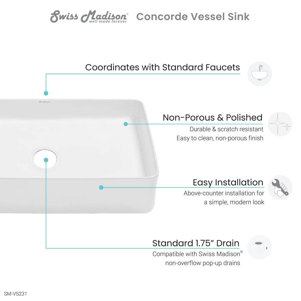 Concorde 24" White Ceramic Rectangular Vessel Sink