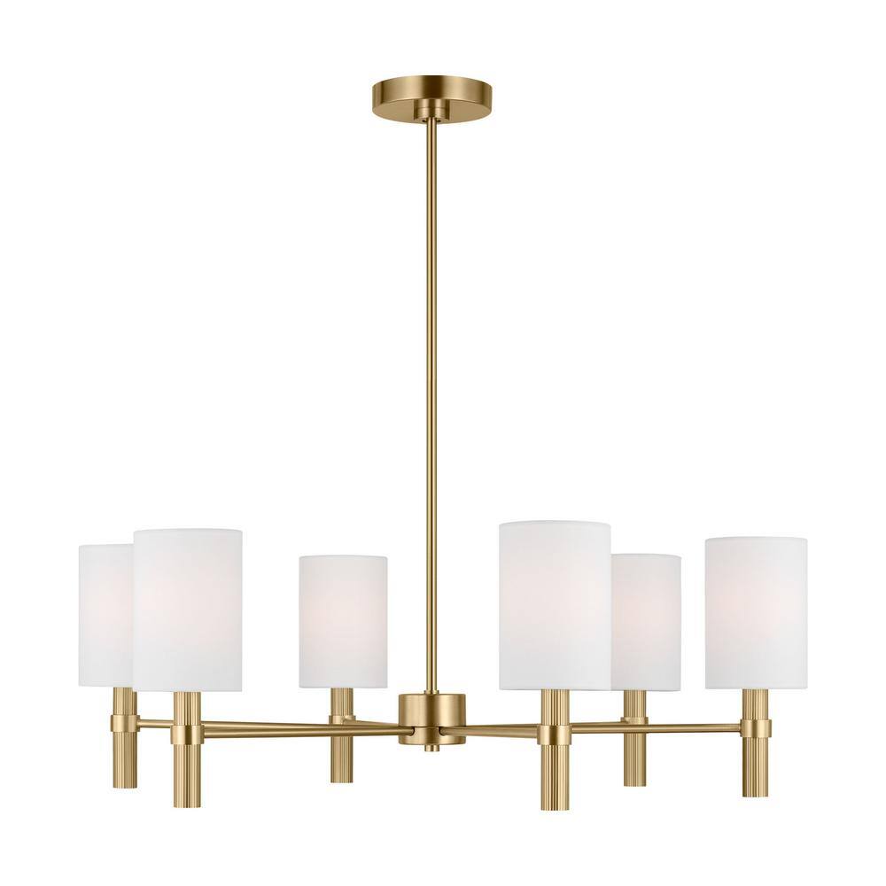 Satin Brass 6-Light Chandelier with White Linen Shades