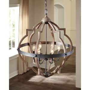 Socorro 20.875 in. W. 4-Light Weathered Gray and Distressed Oak Hall-Foyer Pendant with Dimmable Candelabra LED Bulbs