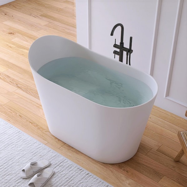 43 in. x 23 in. Stone Resin Solid Surface Flatbottom Freestanding Japanese Soaking Bathtub in White with Seat