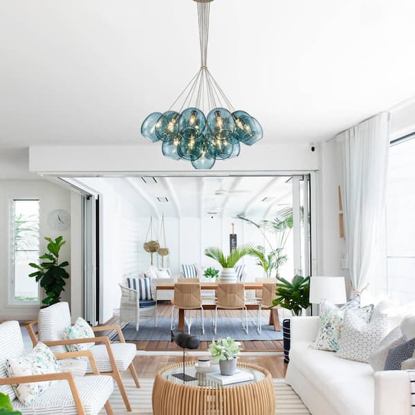 HUOKU Alma 19-Light 30.7 in. W Brass Cluster Chandelier with Lake