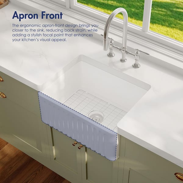 Brooklyn 24 in. W x 18 in. D Single Bowl Farmhouse Apron Kitchen Sink with Bottom Grids and Strainer in White Ceramic
