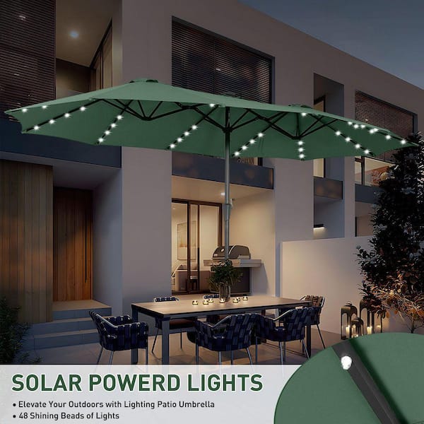 ainfox 15ft double-sided patio solar led lighted market umbrella Ainfox 15 ft. Steel Market Solar Patio Umbrella Double-Side with LED Light in Green with Base