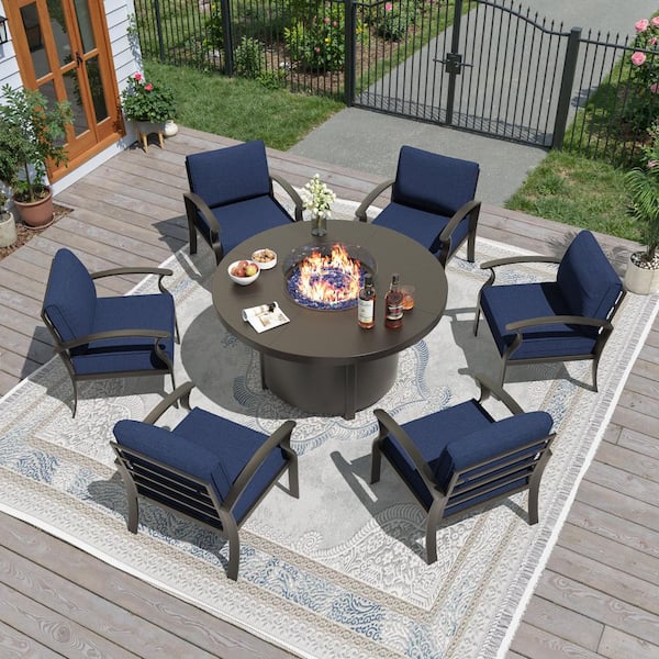 7-Piece Black Aluminum Outdoor Patio Set with Round Fire Pit, 6 Arm Chairs, Wind Guard, Navy Blue