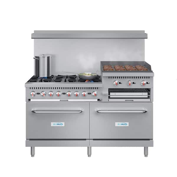 Cooler Depot 60 in. W 6 Burner Commercial Double Oven GAS Range and Griddle and Broiler in. Stainless Steel, Silver