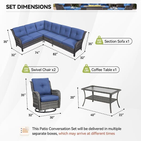 5-Piece Gray Wicker Patio Conversation Set with Olefin Blue Cushions L-Shaped Sofa with Coffee Table/Swivel Patio Chairs