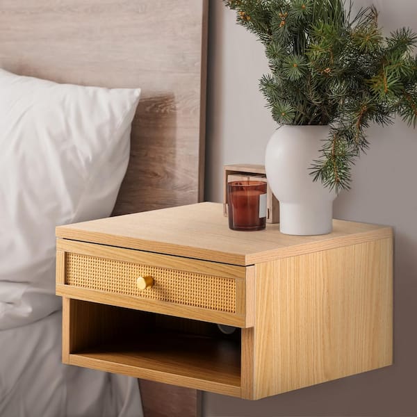 JONATHAN Y Celerie Light Oak 15.71 in. Mid-Century Floating Wall Mounted Nightstand with Soft-Close Rattan Drawer and Cable Hole