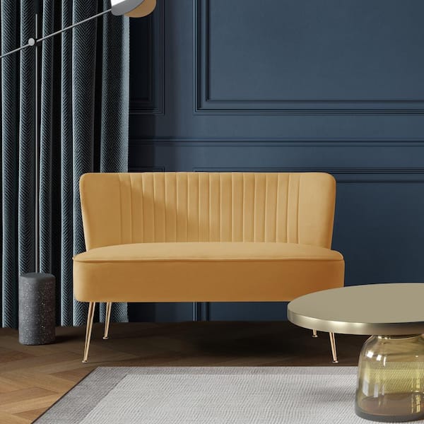 Farrah 46 in. Wide 2-Seater Velvet Upholstered Armless Wingback Loveseat Settee, Mustard
