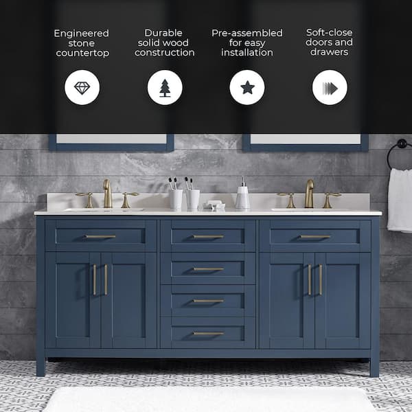 OVE Decors Tahoe 72-in Midnight Blue Undermount Double Sink Bathroom Vanity with White Engineered Stone Top OVE Decors Tahoe 72-in Midnight Blue Undermount Double Sink Bathroom Vanity with White Engineered Stone Top