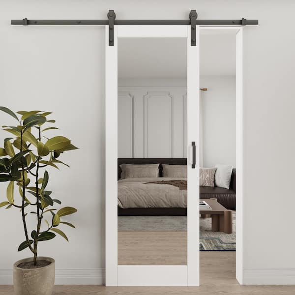 EH PUERTA 30 in. x 84 in. 1-Lite Mirrored Glass White Primed MDF Wood Sliding Barn Door with Hardware Kit