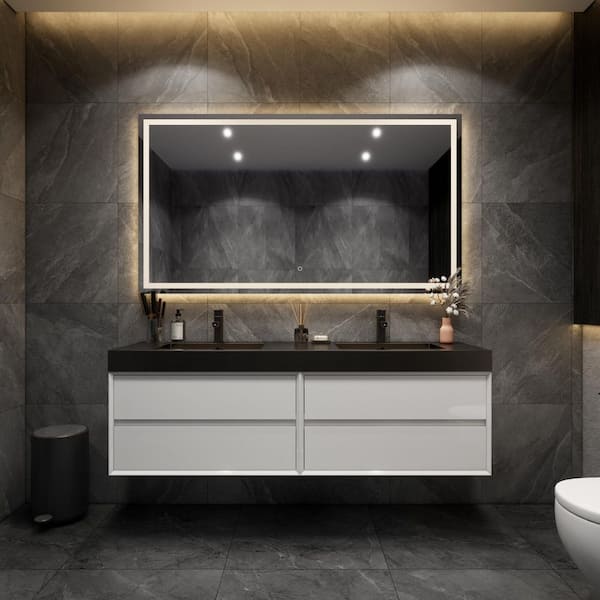 MIA 71 in. W. x 20 in. D x 24 in. H Double Sink Floating Bath Vanity in Gloss White with Black Stainless-Steel Top