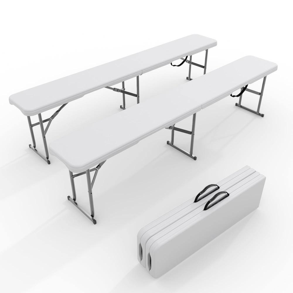 Two white 6ft folding HDPE benches shown both unfolded and folded with carrying handles.