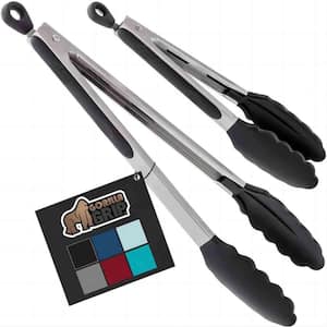 2-Piece 9 in. and 12 in. Stainless Steel Heat Resistant Grill Tongs in Black