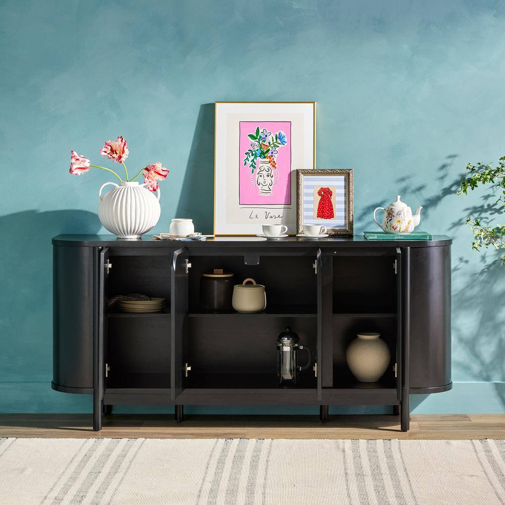 Ezra 70" Black Solid Wood Curved Sideboard Cabinet