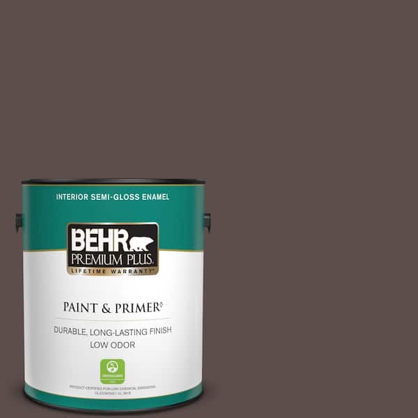 BEHR PREMIUM PLUS 1 gal. #ECC-28-3 Charred Hickory Semi-Gloss Enamel Low Odor Interior Paint & Primer