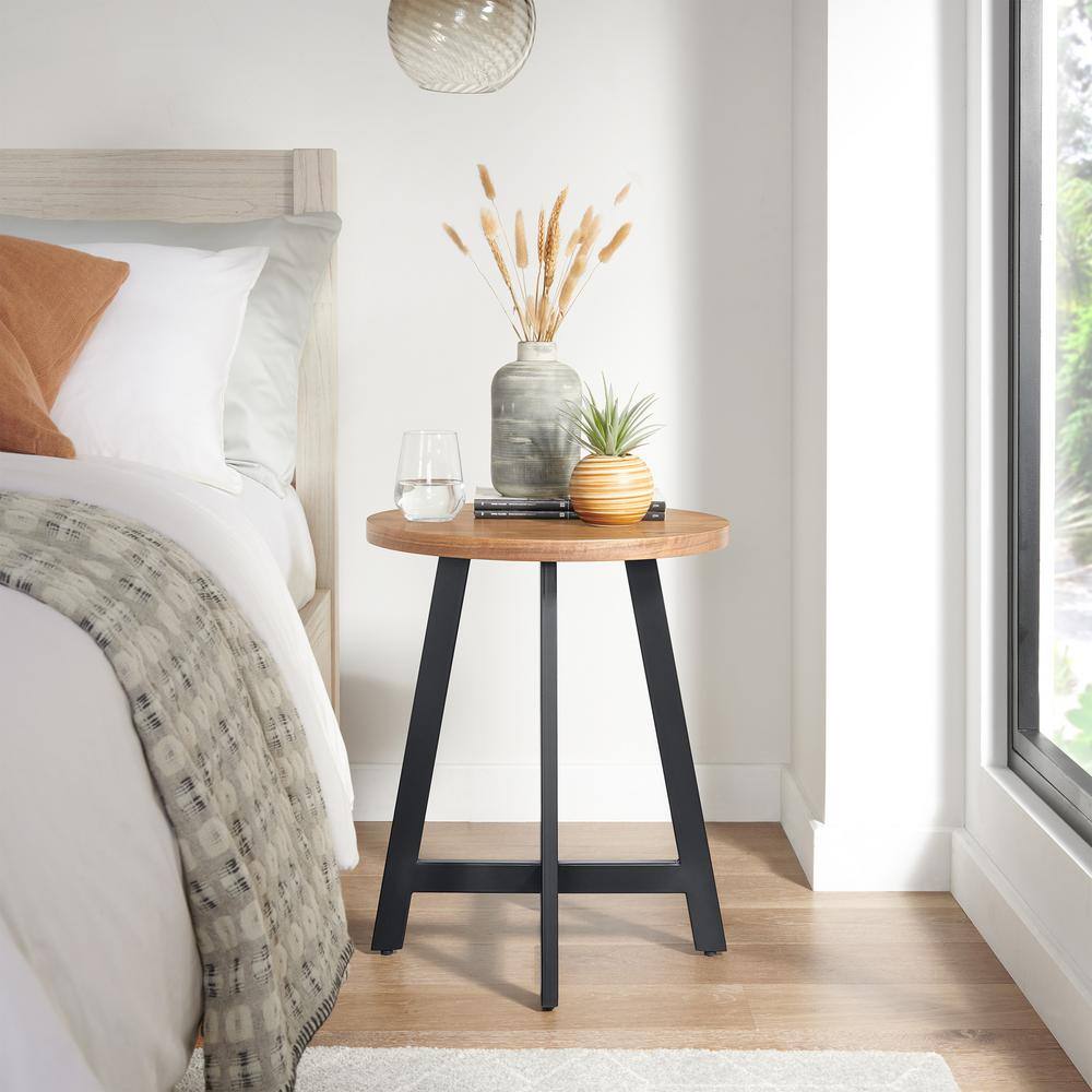 Walnut and Black Round MDF Top Industrial End Table